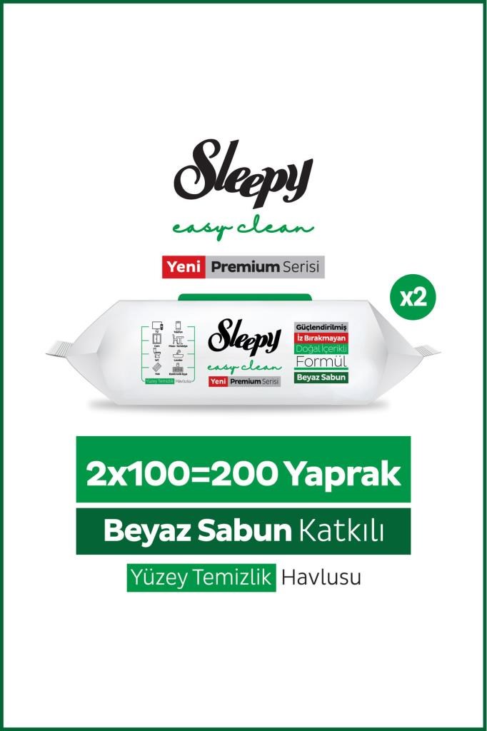 Sleepy Easy Clean Premium Beyaz Sabun Katkılı Yüzey Temizlik Havlusu Mendili 2x100 (200 Yaprak)