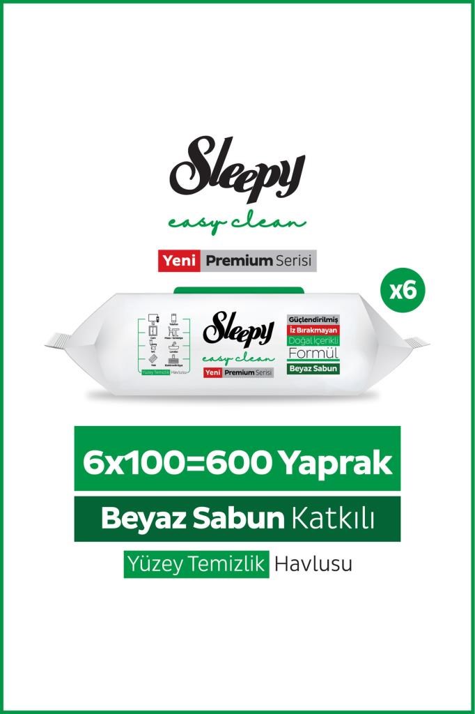 Sleepy Easy Clean Premium Beyaz Sabun Katkılı Yüzey Temizlik Havlusu Mendili 6x100 (600 Yaprak)