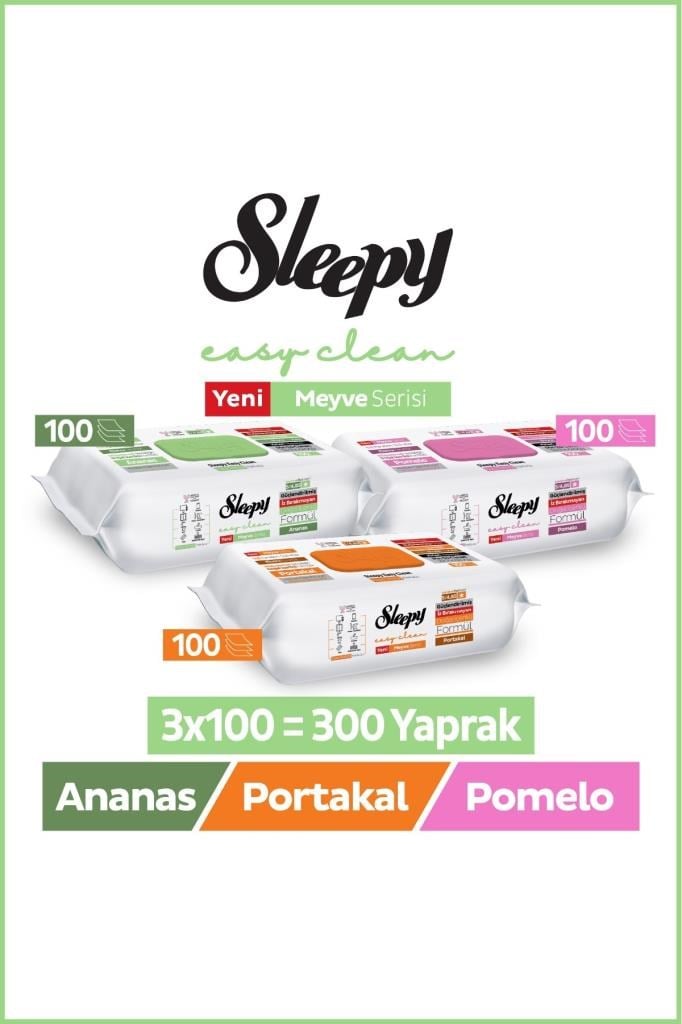 Sleepy Meyve Serisi Yüzey Temizlik Havlusu Mendili Portakal+Ananas+Pomelo 3x100 (300 Yaprak)
