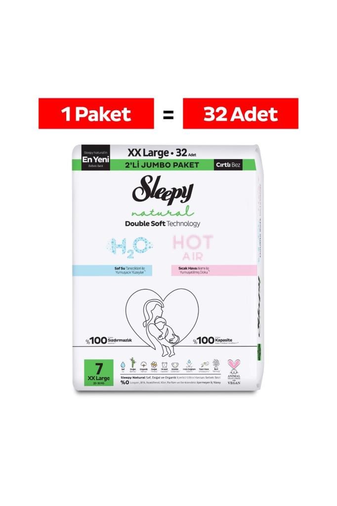 Sleepy Natural Double Soft Avantajlı Mega Paket Bebek Bezi 7 Numara Xxlarge 32 Adet