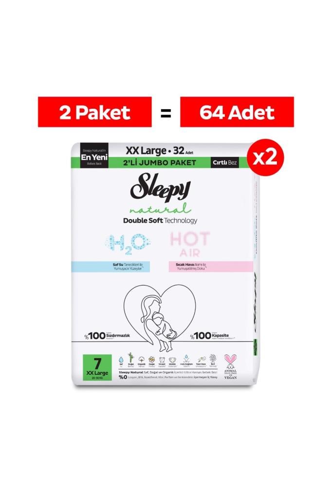 Sleepy Natural Double Soft Avantajlı Mega Paket Bebek Bezi 7 Numara Xxlarge 64 Adet