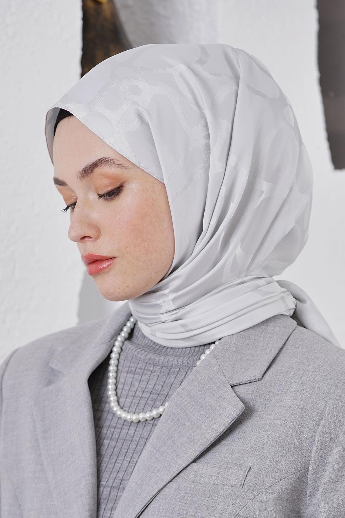 Loryan Scarf Jakar Şal - Stone Floş Jakar Şal 4312 Gümüş Gri