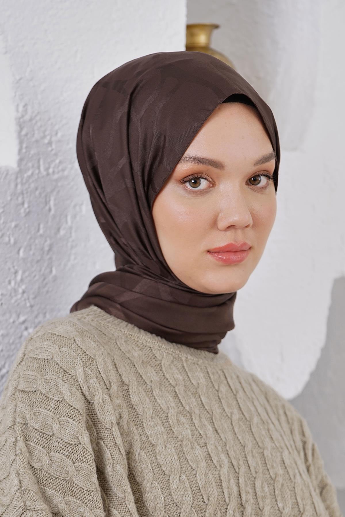 Loryan Scarf Jakar Şal - Stone Floş Jakar Şal 4312 Koyu Kahve