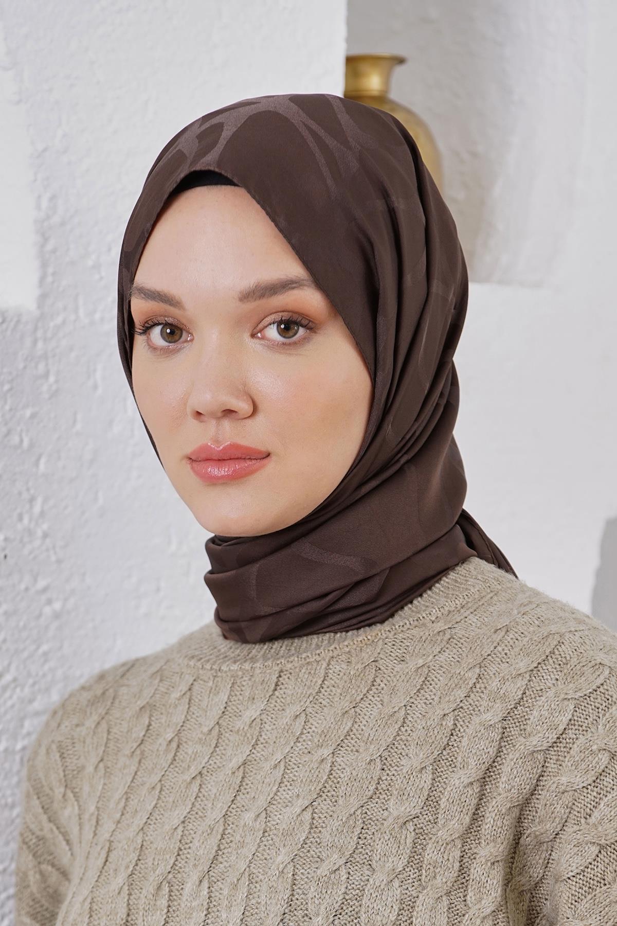 Loryan Scarf Jakar Şal - Stone Floş Jakar Şal 4312 Koyu Kahve