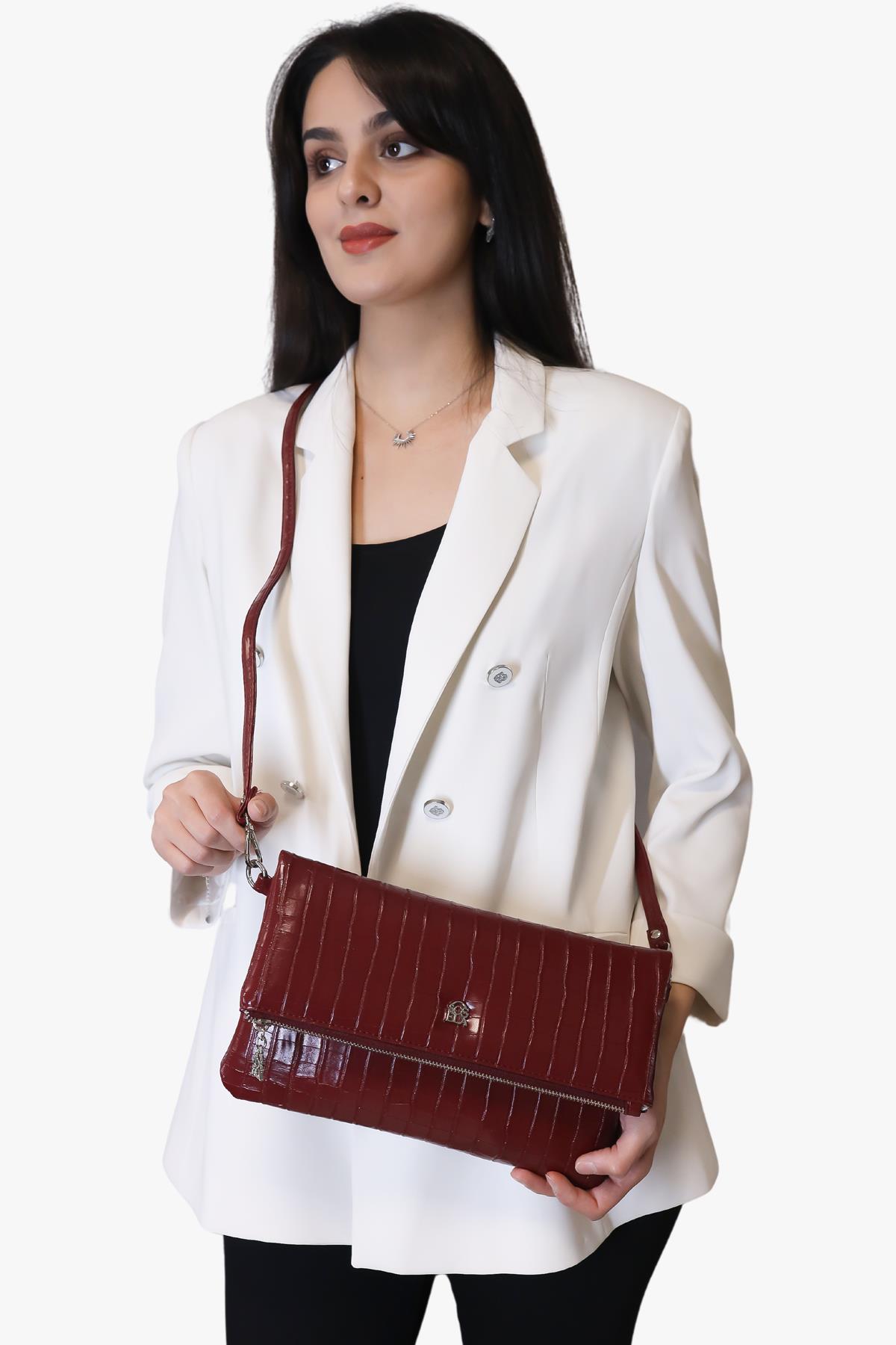 Sosela 67-6010 Kadın Linen Kroko Bordo Portföy Çanta