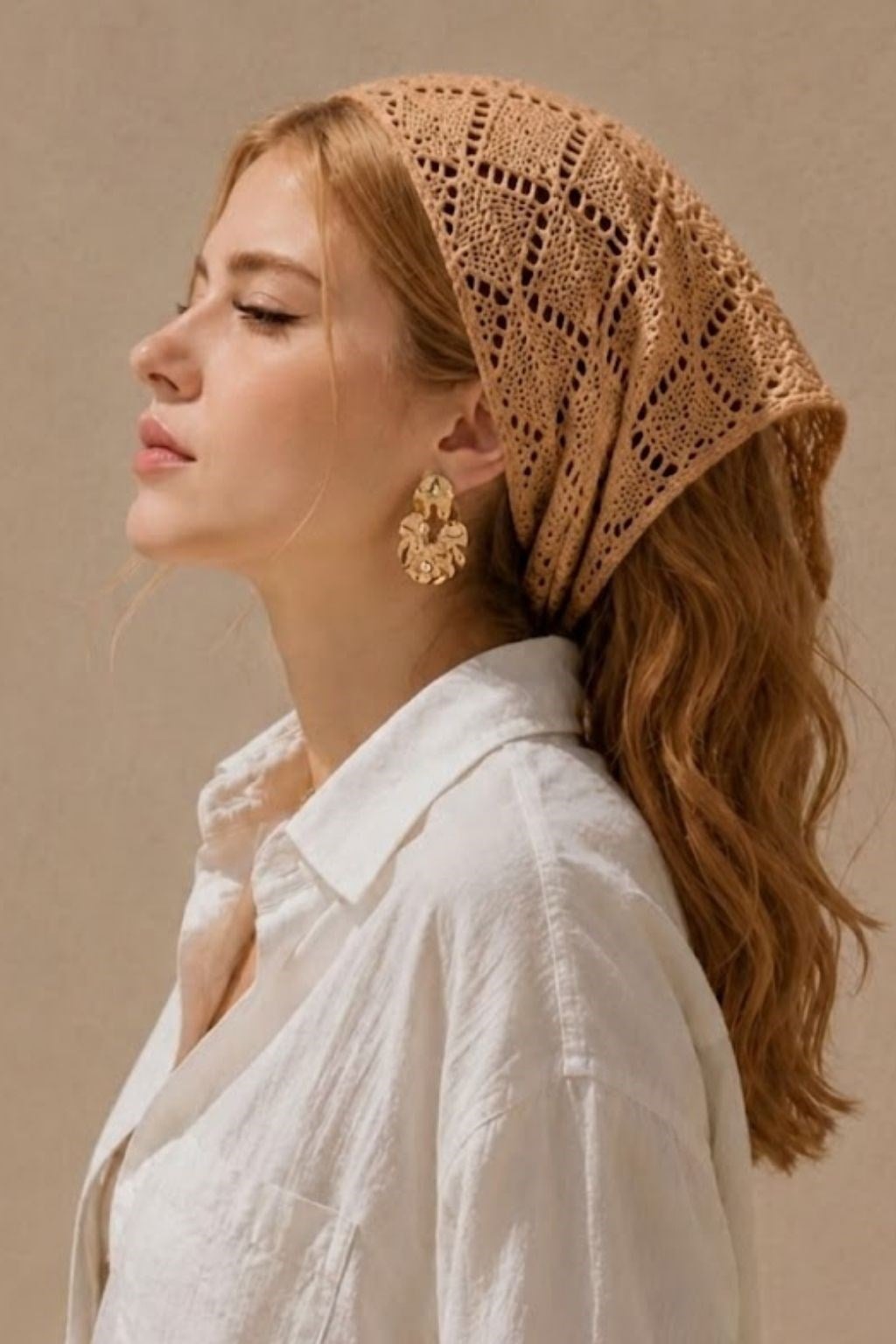 Kadın Pamuklu Yumuşak Dokulu Delikli Triko Bandana 7011 Camel