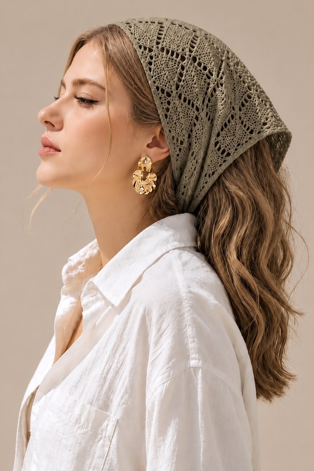 Kadın Pamuklu Yumuşak Dokulu Delikli Triko Bandana 7011 Haki