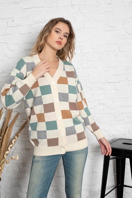Kare Desenli Oversize Triko Hırka 1905 Krem