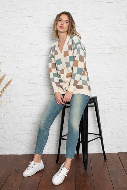 Kare Desenli Oversize Triko Hırka 1905 Krem