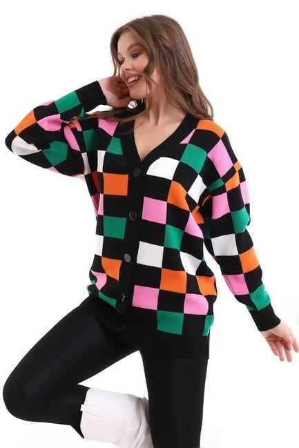 Kare Desenli Oversize Triko Hırka 1905 Siyah