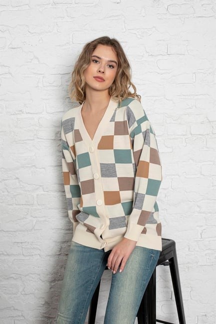 Kare Desenli Oversize Triko Hırka 1905 Krem