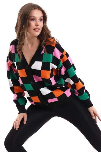 Kare Desenli Oversize Triko Hırka 1905 Siyah
