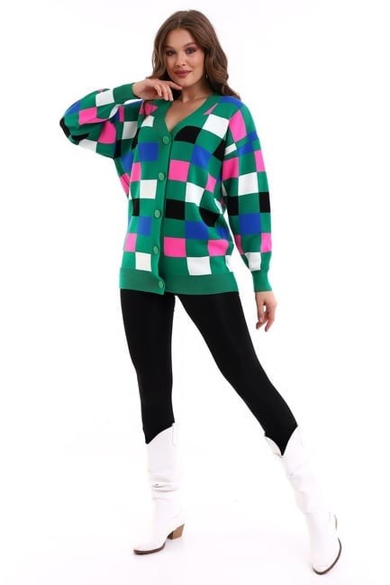 Kare Desenli Oversize Triko Hırka 1905 Yeşil
