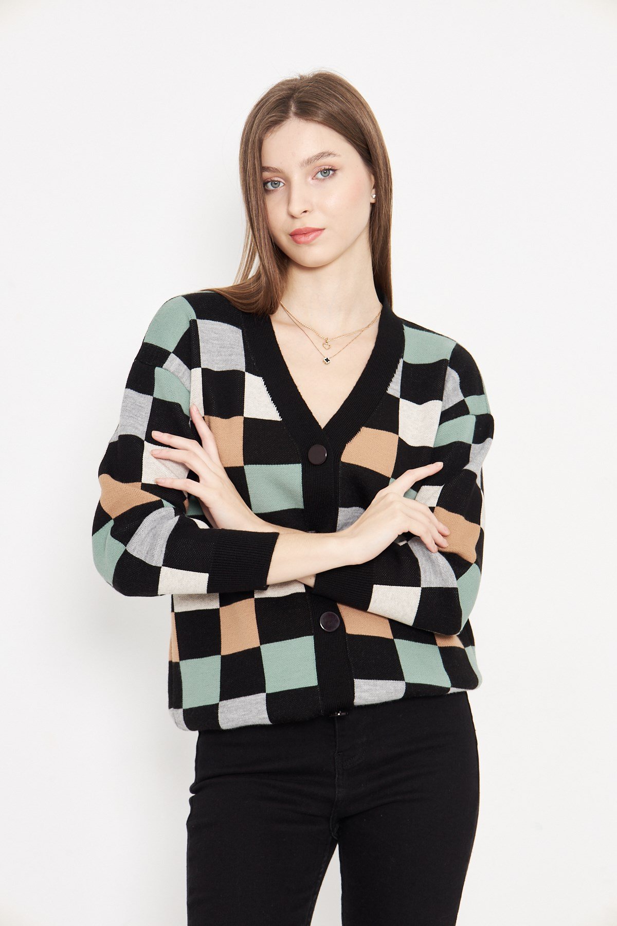 Kare Desenli Oversize Triko Hırka 1905 Siyah Gri