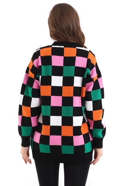 Kare Desenli Oversize Triko Hırka 1905 Siyah