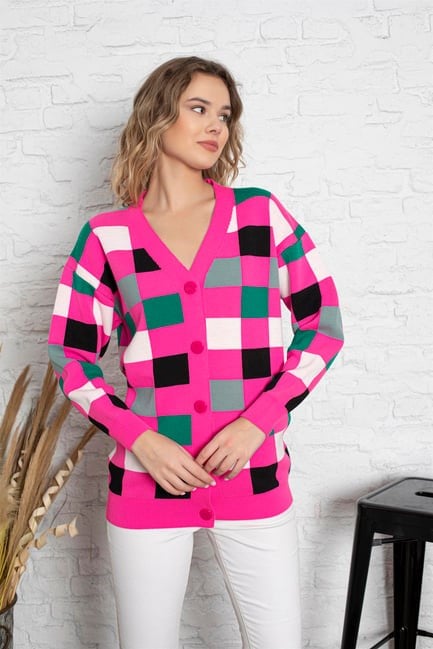 Kare Desenli Oversize Triko Hırka 1905 Fuşya