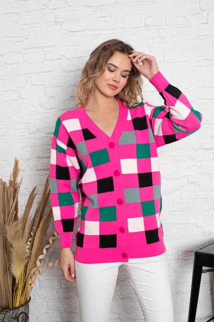 Kare Desenli Oversize Triko Hırka 1905 Fuşya