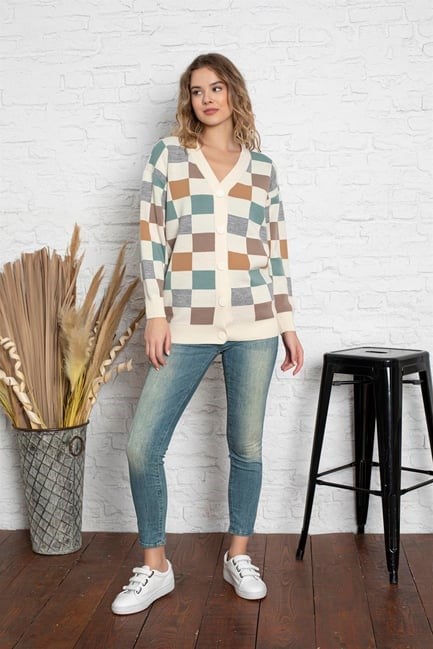 Kare Desenli Oversize Triko Hırka 1905 Krem
