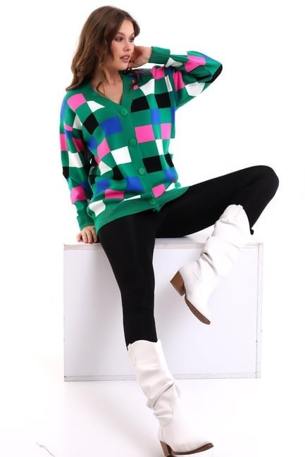Kare Desenli Oversize Triko Hırka 1905 Yeşil