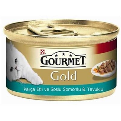 GOURMET GOLD PARCA ETLİ VE SOSLU SOMON VE TAVUKLU KEDİ KONSERVE MAMASI 85 GR