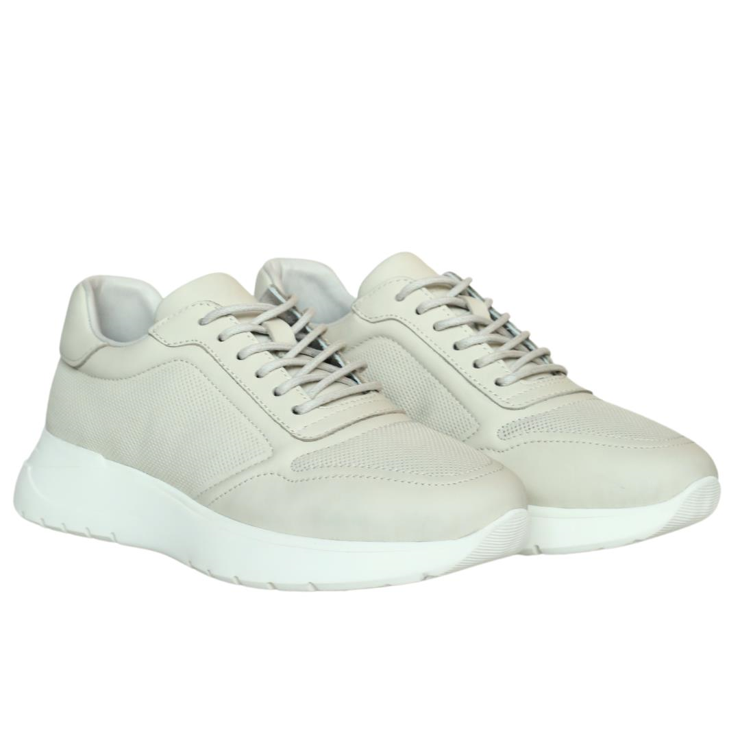 Bej Deri Kadın Bağcıklı Sneaker