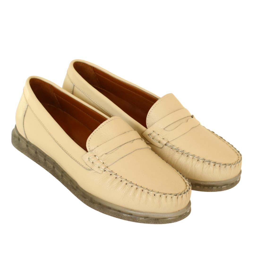 Bej Deri Kadın Loafer Ayakkabı