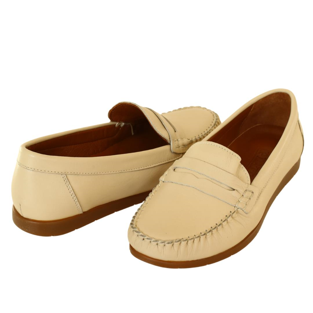 Bej Deri Kadın Loafer Ayakkabı
