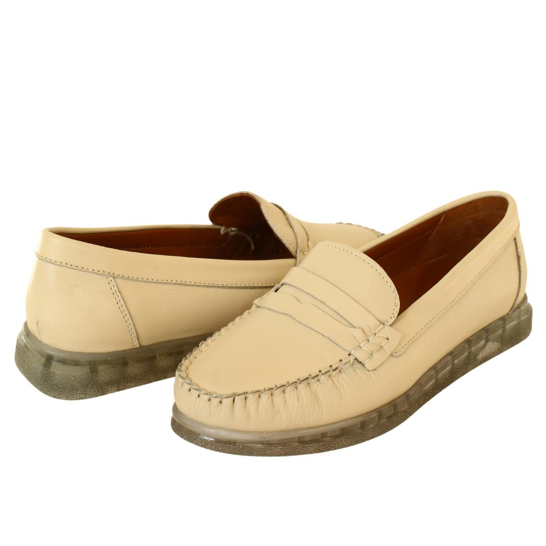 Bej Deri Kadın Loafer Ayakkabı