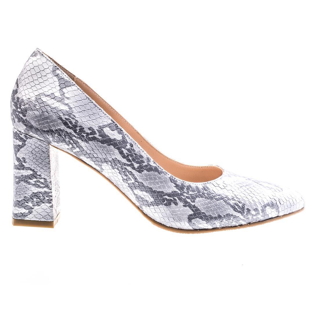 Gri Python Baskı Kalın Topuk Kadın Stiletto Ayakkabı