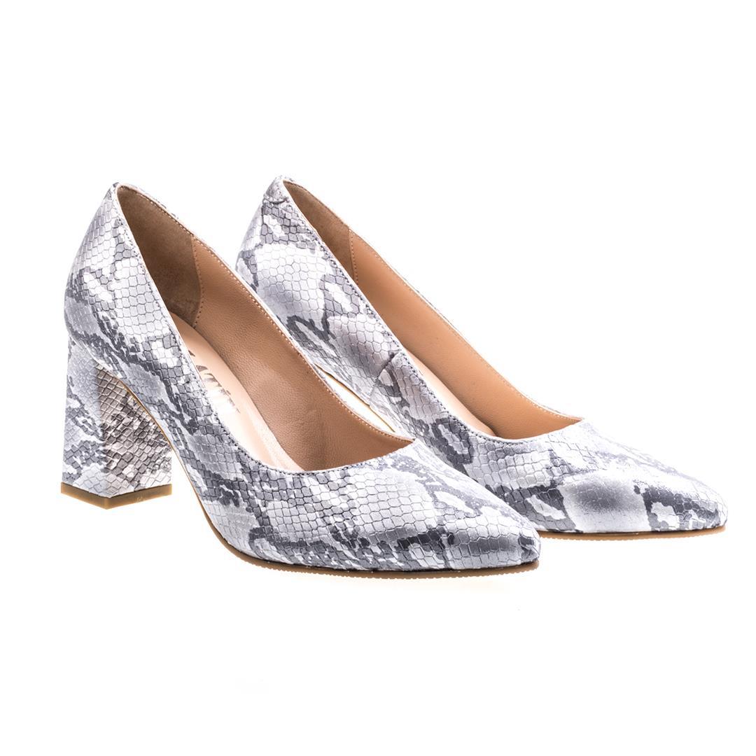 Gri Python Baskı Kalın Topuk Kadın Stiletto Ayakkabı