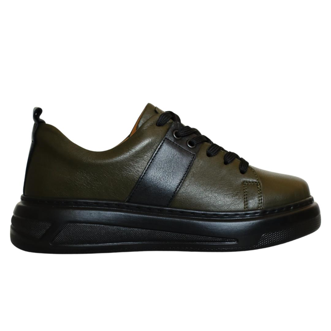 Haki Deri Kadın Bağcıklı Sneaker