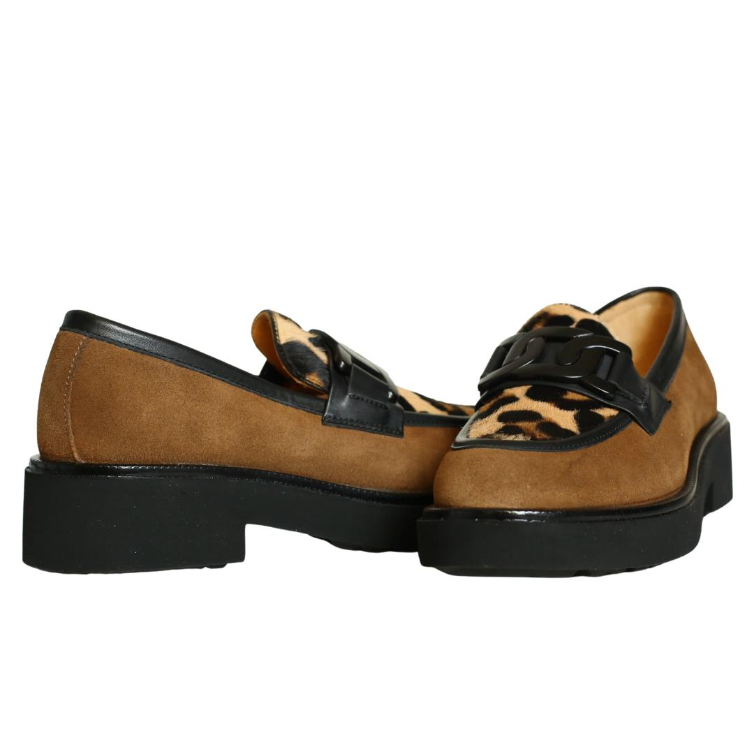 Kahve Leopar Deri Tokalı Kadın Loafer