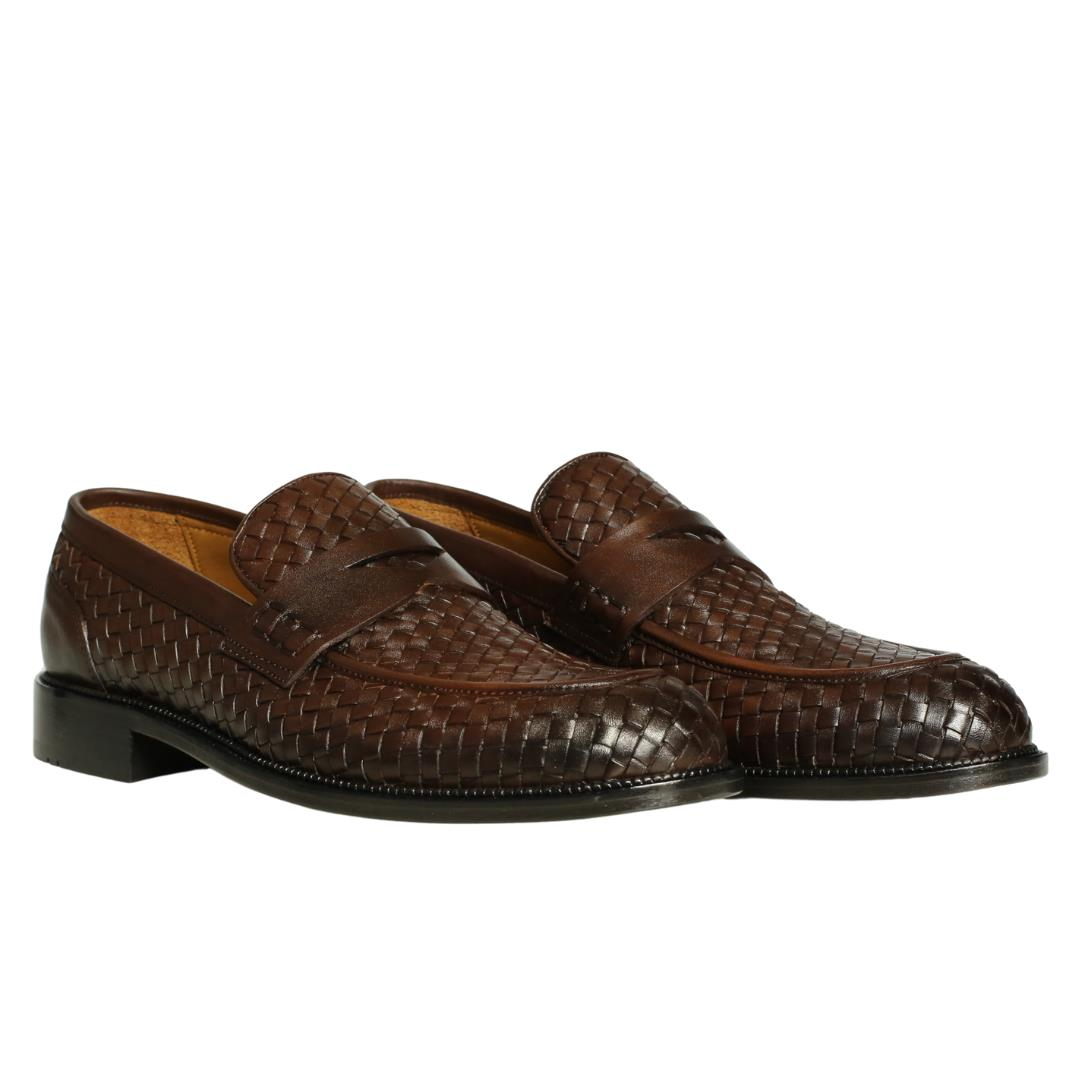 Kahve Örgü Deri Erkek Kösele Klasik Loafer