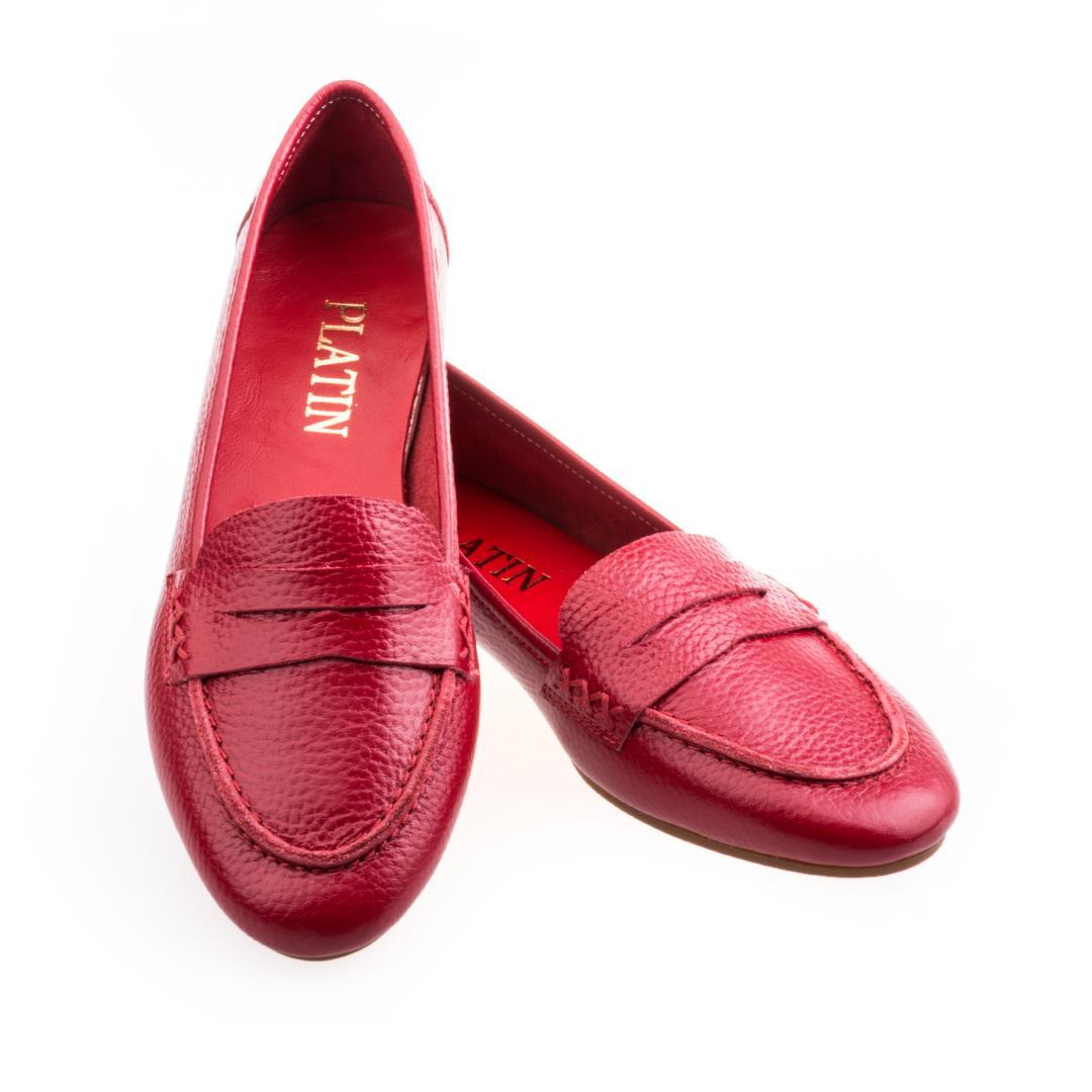 Kırmızı Deri Kadın Babet Ayakkabı