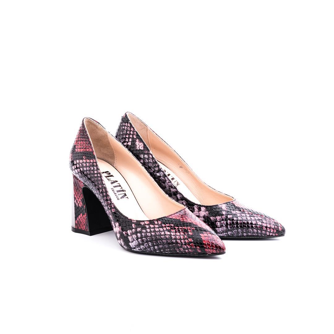 Kırmızı Python Baskı Kalın Topuk Kadın Stiletto Ayakkabı