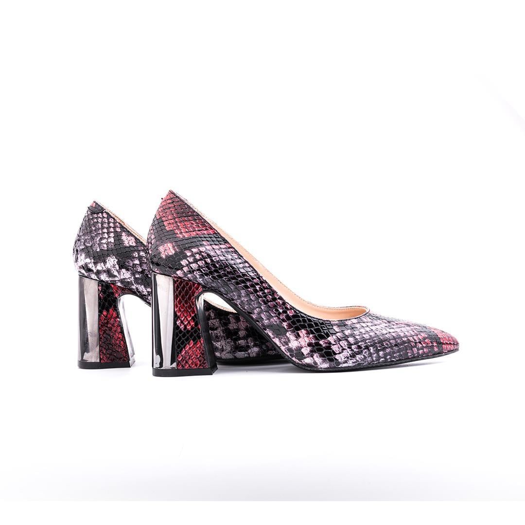 Kırmızı Python Baskı Kalın Topuk Kadın Stiletto Ayakkabı