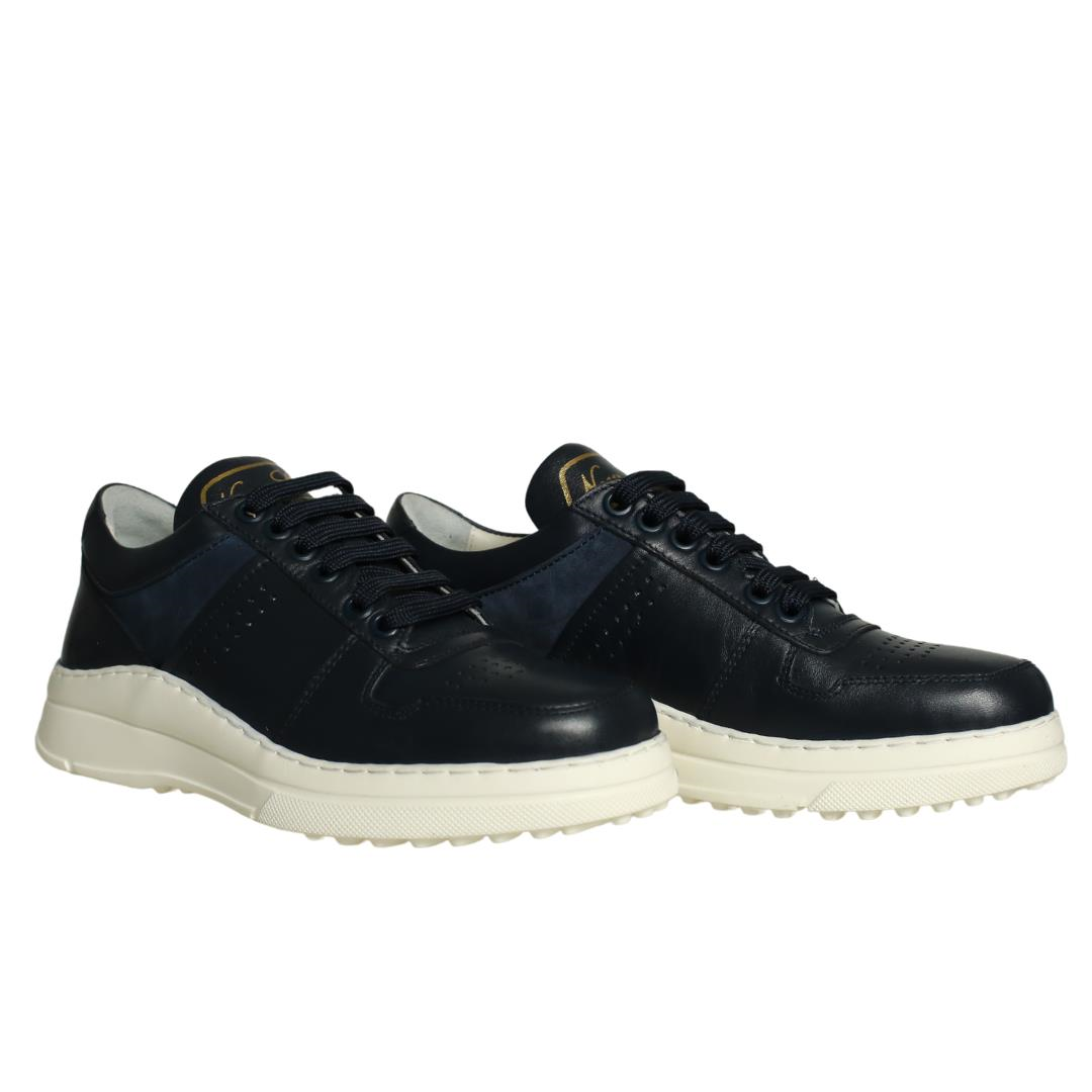 Lacivert Deri Bağcıklı Kadın Sneaker