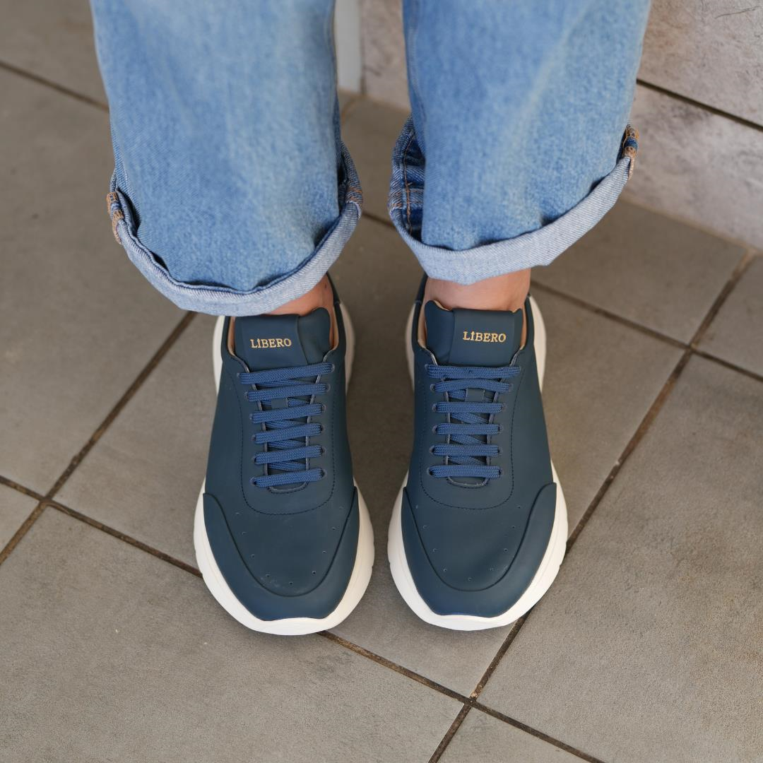 Lacivert Deri Kadın Bağcıklı Sneaker