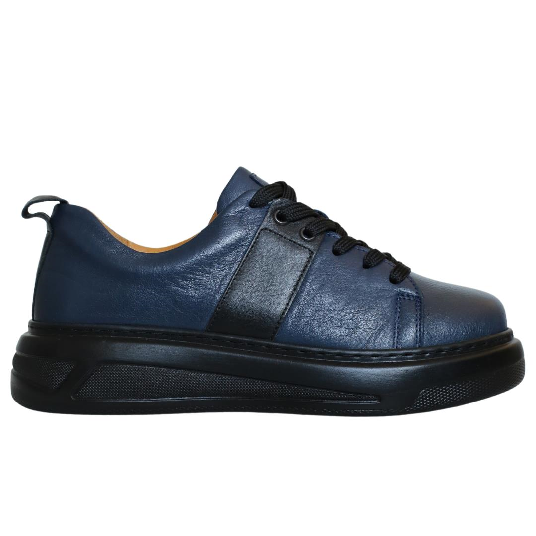 Lacivert Deri Kadın Bağcıklı Sneaker