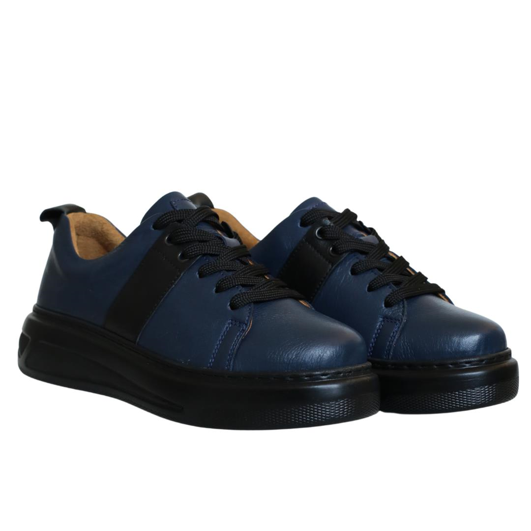 Lacivert Deri Kadın Bağcıklı Sneaker