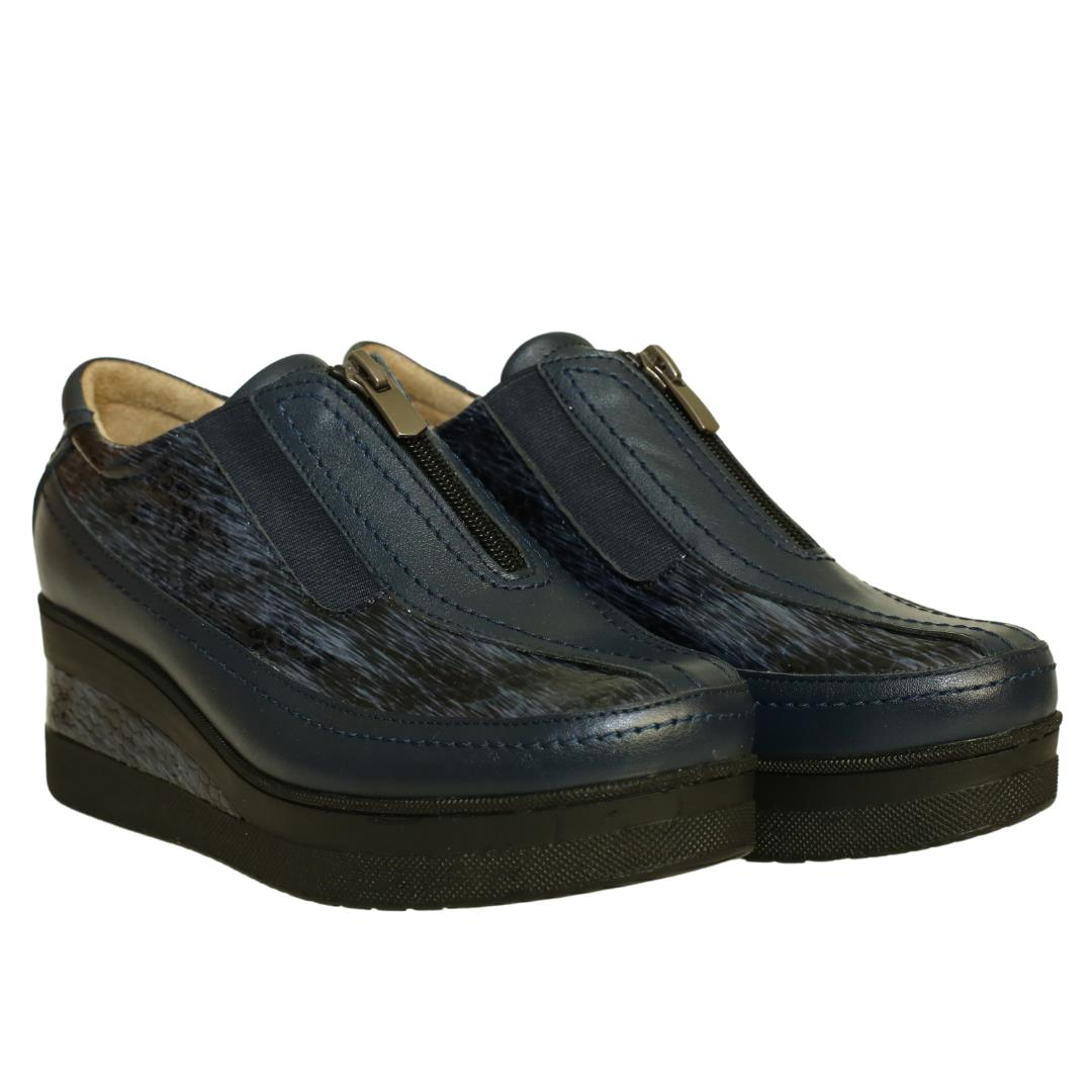 Lacivert Deri Python Baskı Kadın Dolgu Topuk Ayakkabı