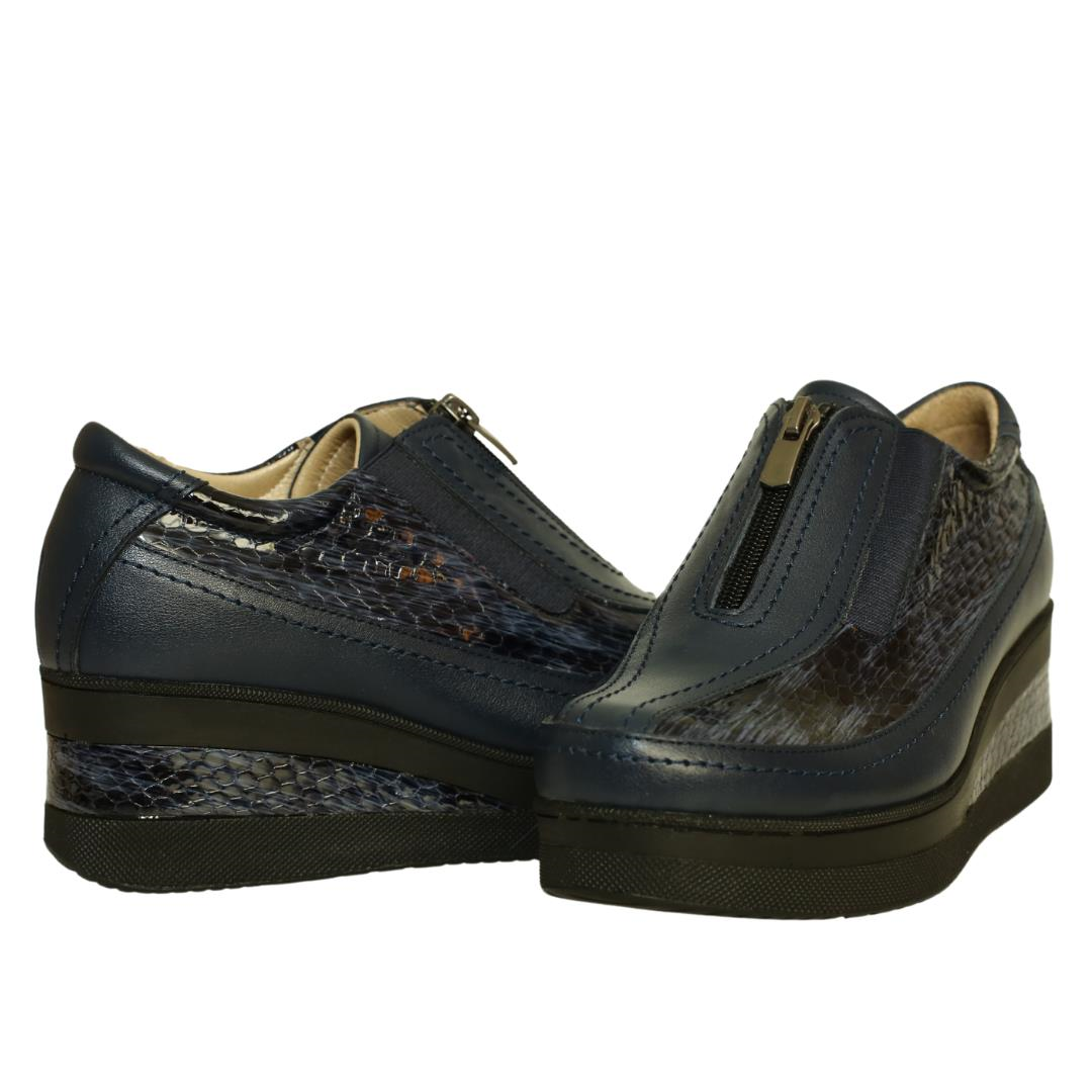 Lacivert Deri Python Baskı Kadın Dolgu Topuk Ayakkabı