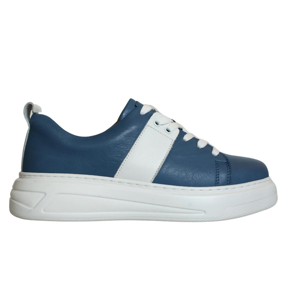 Mavi Deri Kadın Bağcıklı Sneaker
