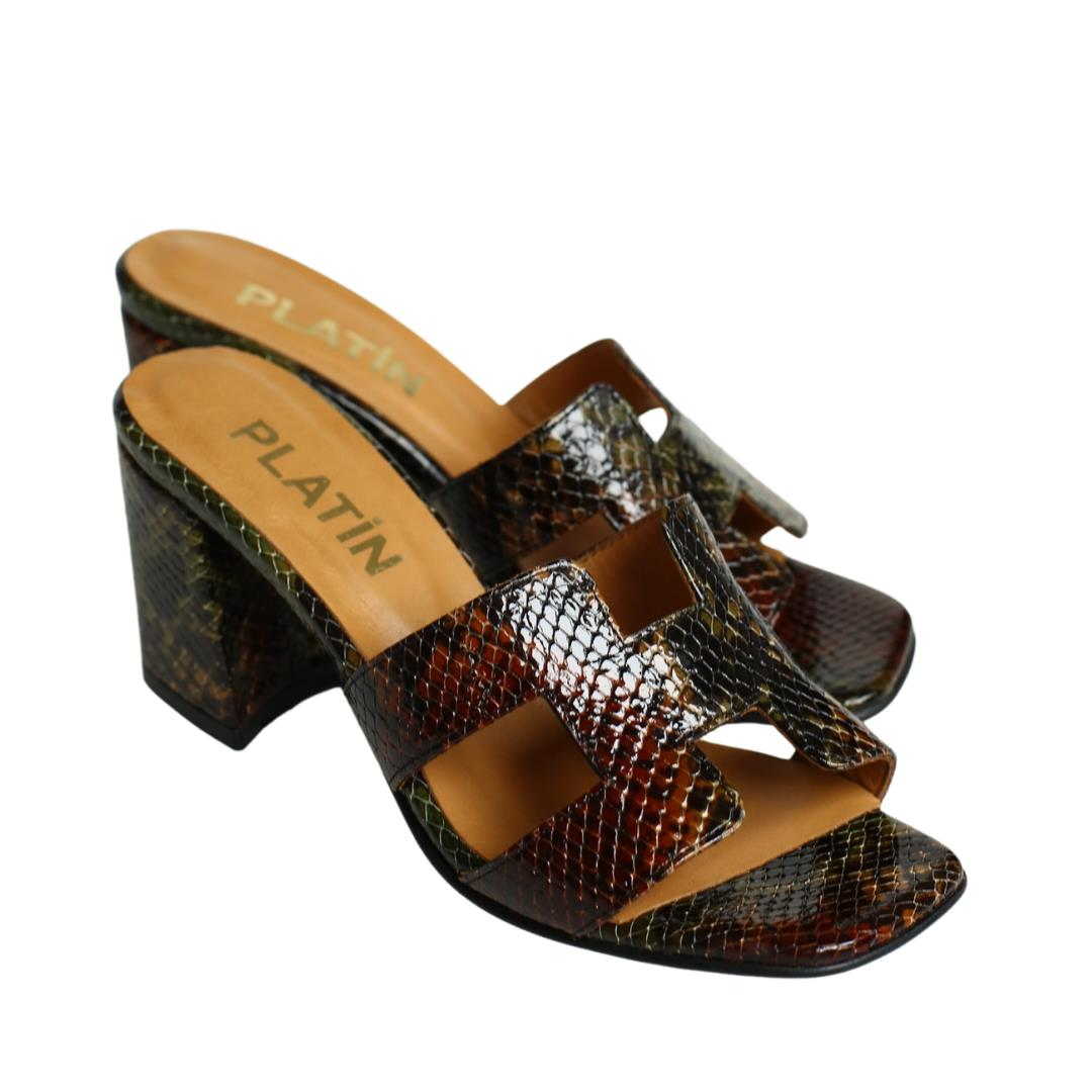 Multi Kahve Deri Pyton Baskı Kadın Topuklu Terlik