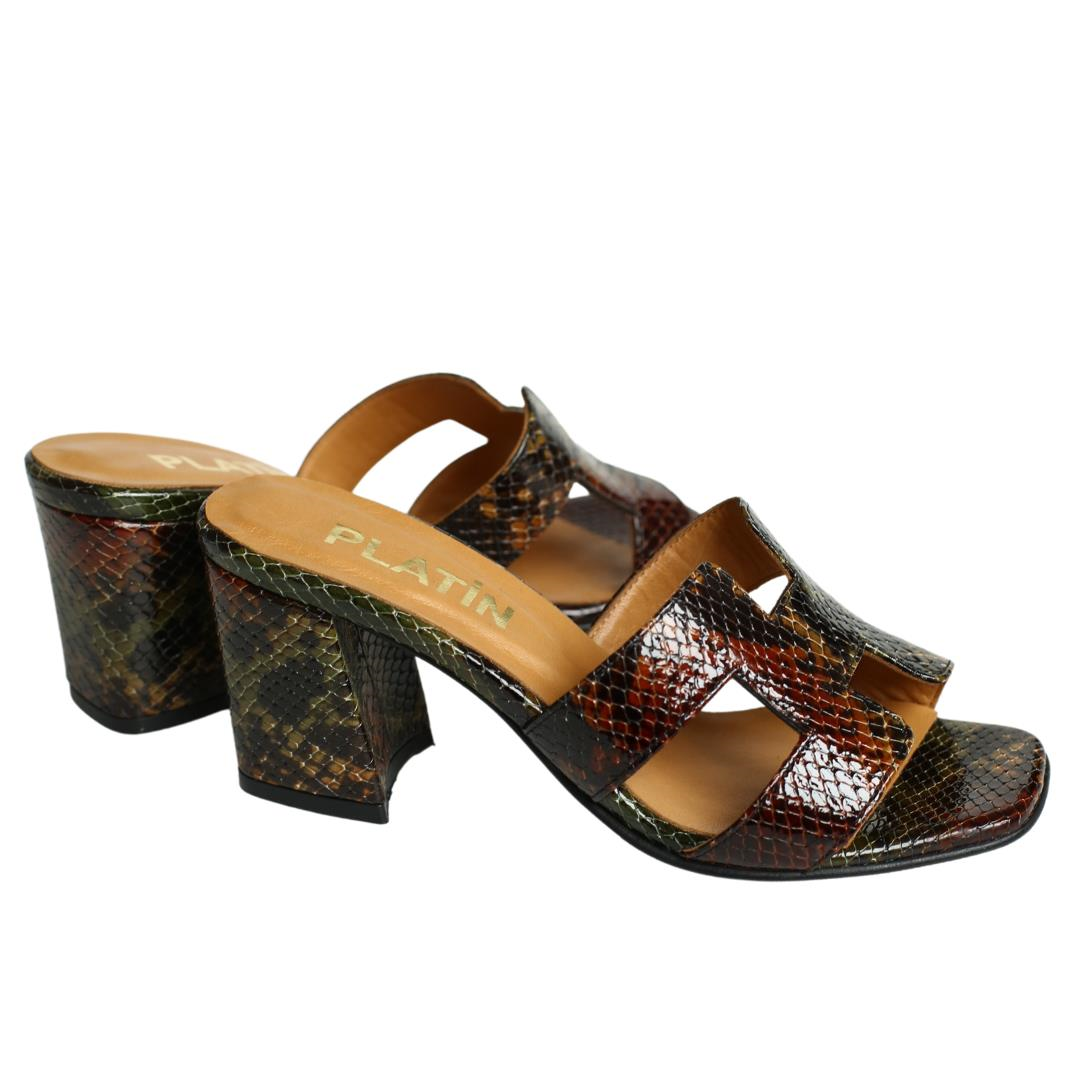 Multi Kahve Deri Pyton Baskı Kadın Topuklu Terlik