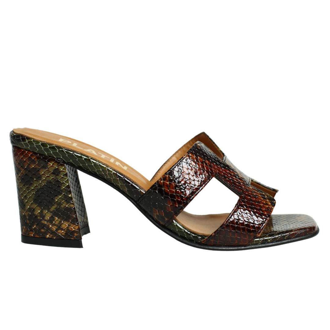 Multi Kahve Deri Pyton Baskı Kadın Topuklu Terlik