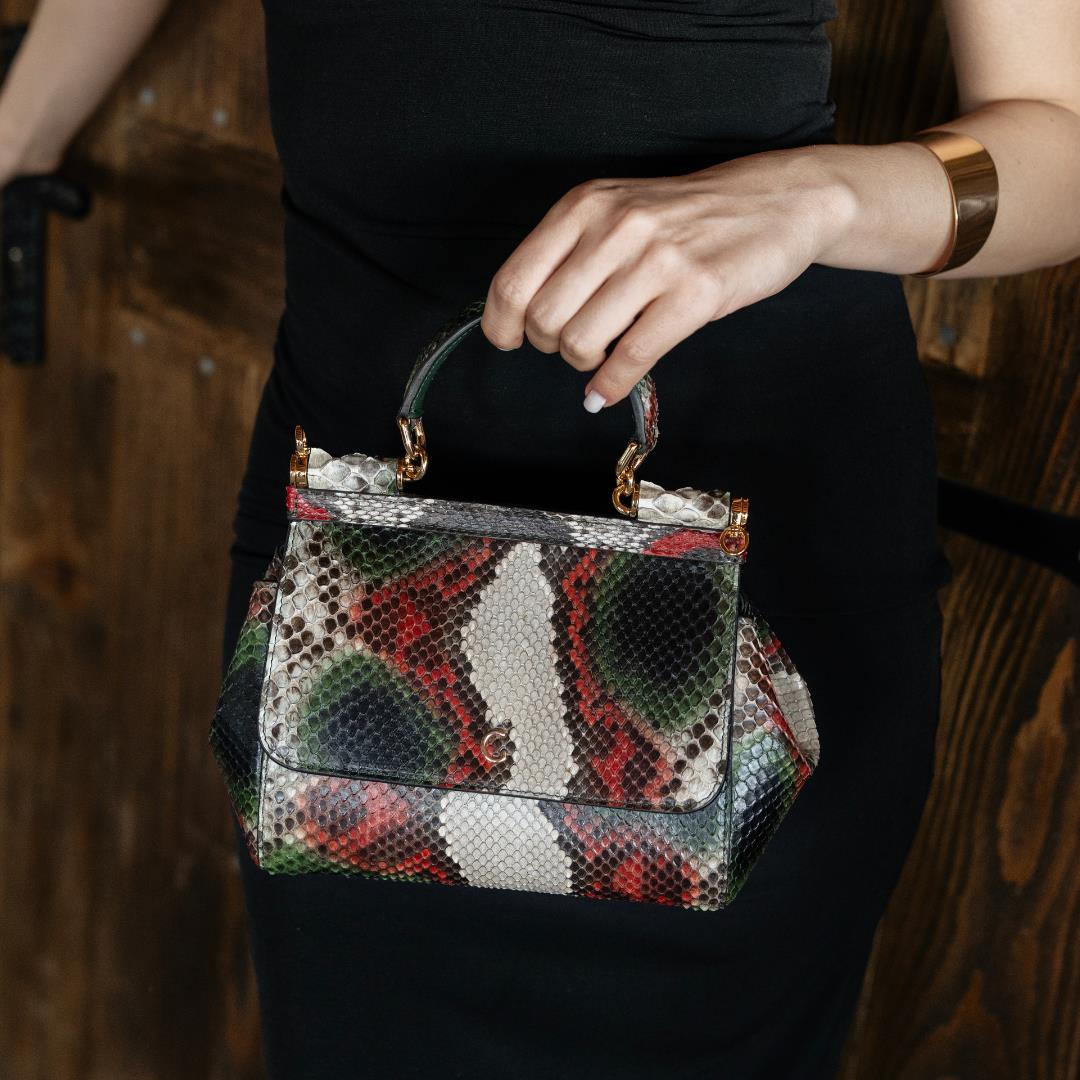 Multi Kırmızı-Yeşil Python Deri Kadın El Çanta