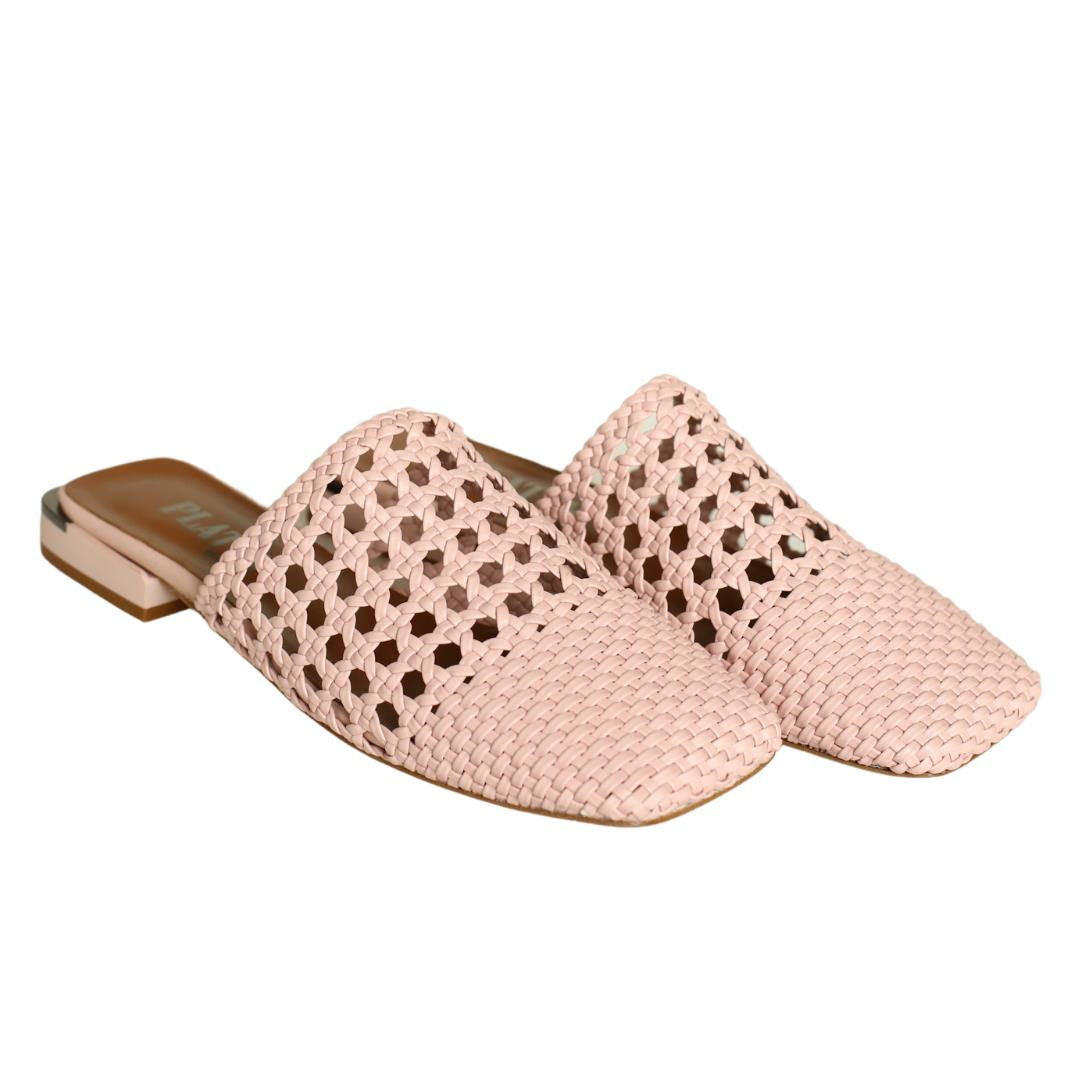 Pembe Örgü Deri Kadın Terlik