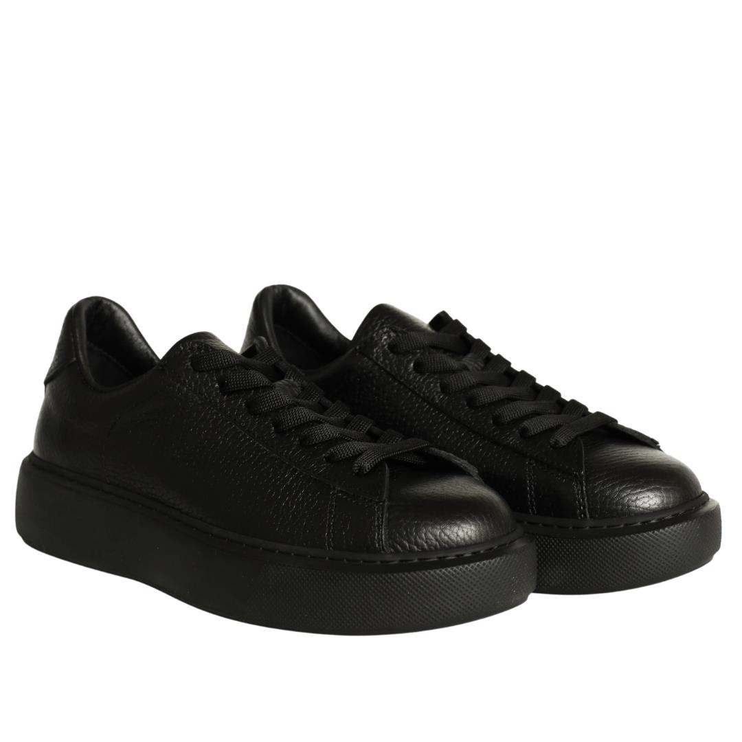 Siyah Deri Kadın Bağcıklı Sneaker