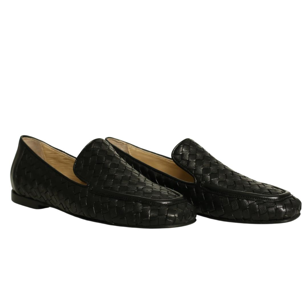 Siyah Deri Örgü Kadın Loafer
